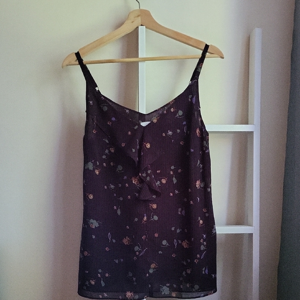 Dark Purple Floral Camisole Top With Ruffles